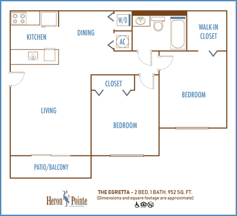 Floor plan for 2 beds, 1 bath, 905 sqft